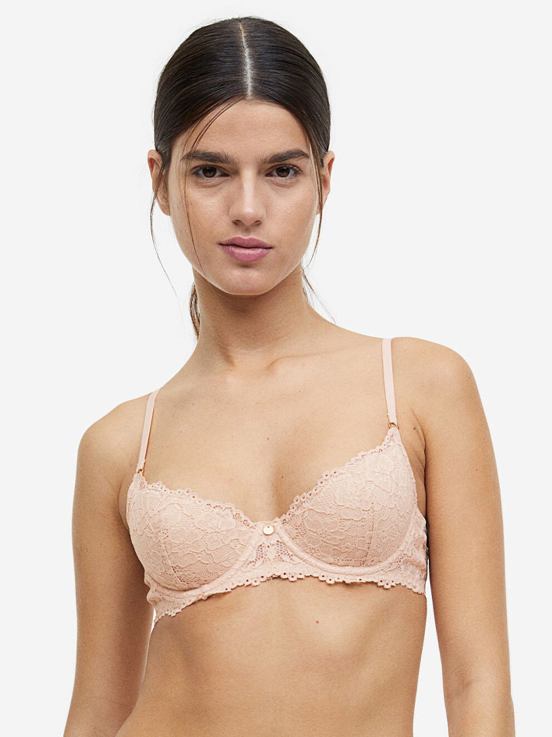 

H&M Padded Underwired Lace Bra, Beige