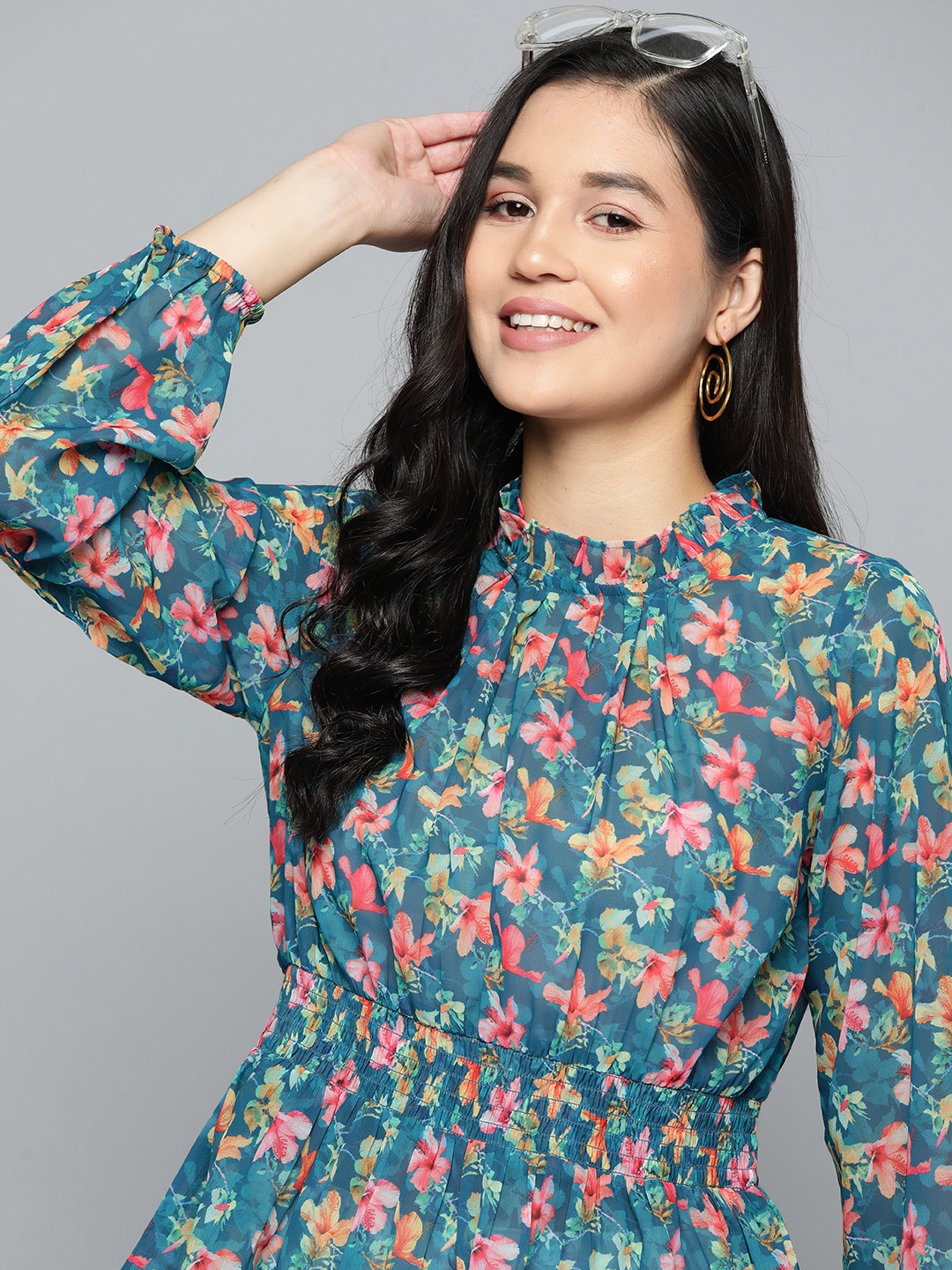 

Mast & Harbour Floral Print Puff Sleeve Smocked Georgette Peplum Top, Teal