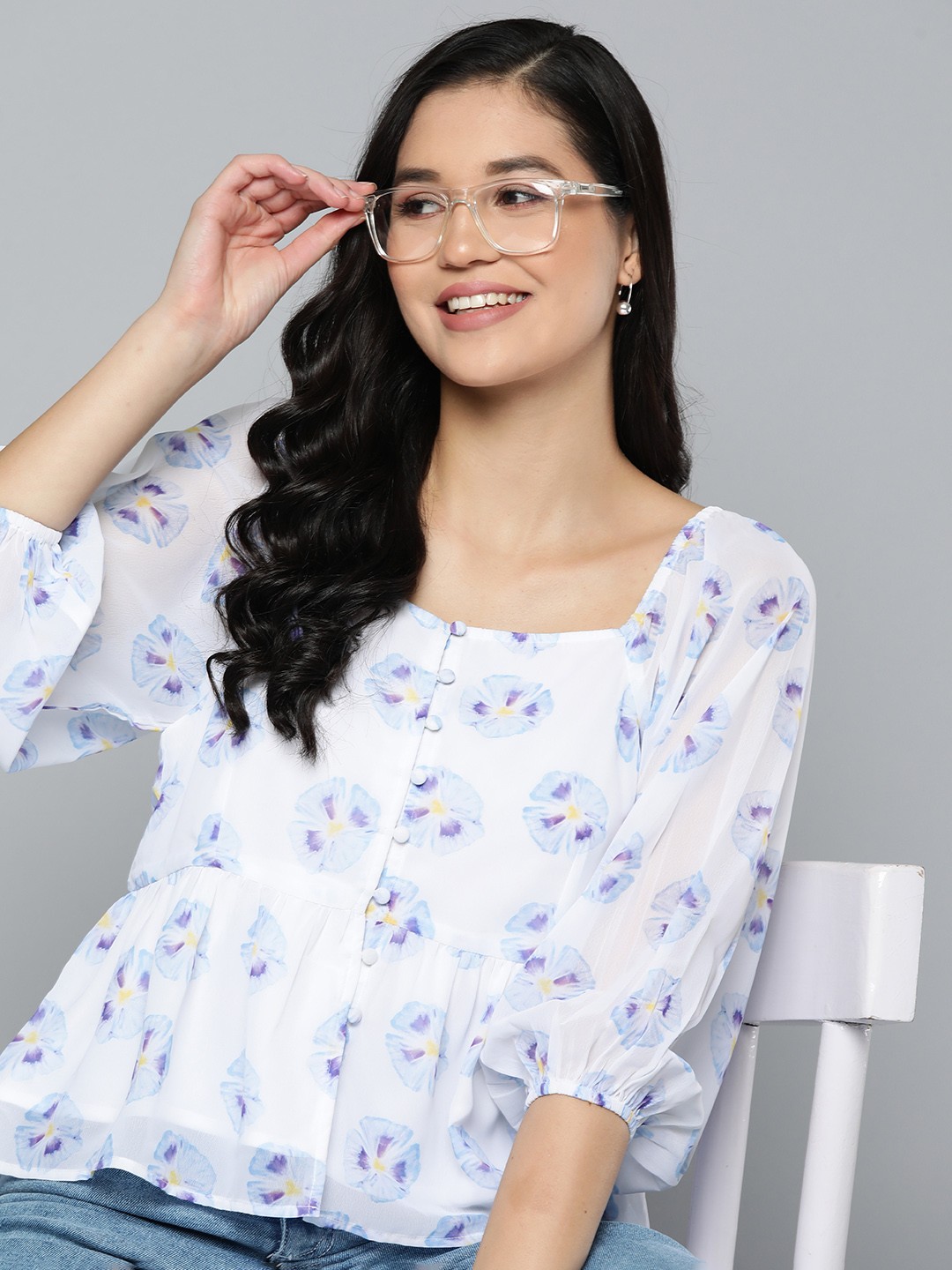 

Mast & Harbour Floral Print Puff Sleeve Georgette Peplum Top, White