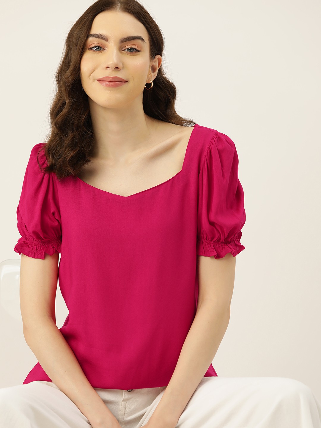 

DressBerry Sweetheart Neck Puff Sleeve Top, Pink