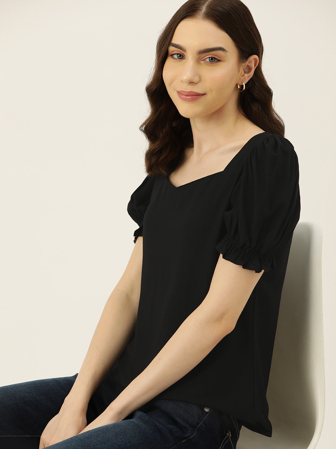 

DressBerry Sweetheart Neck Puff Sleeve Top, Black