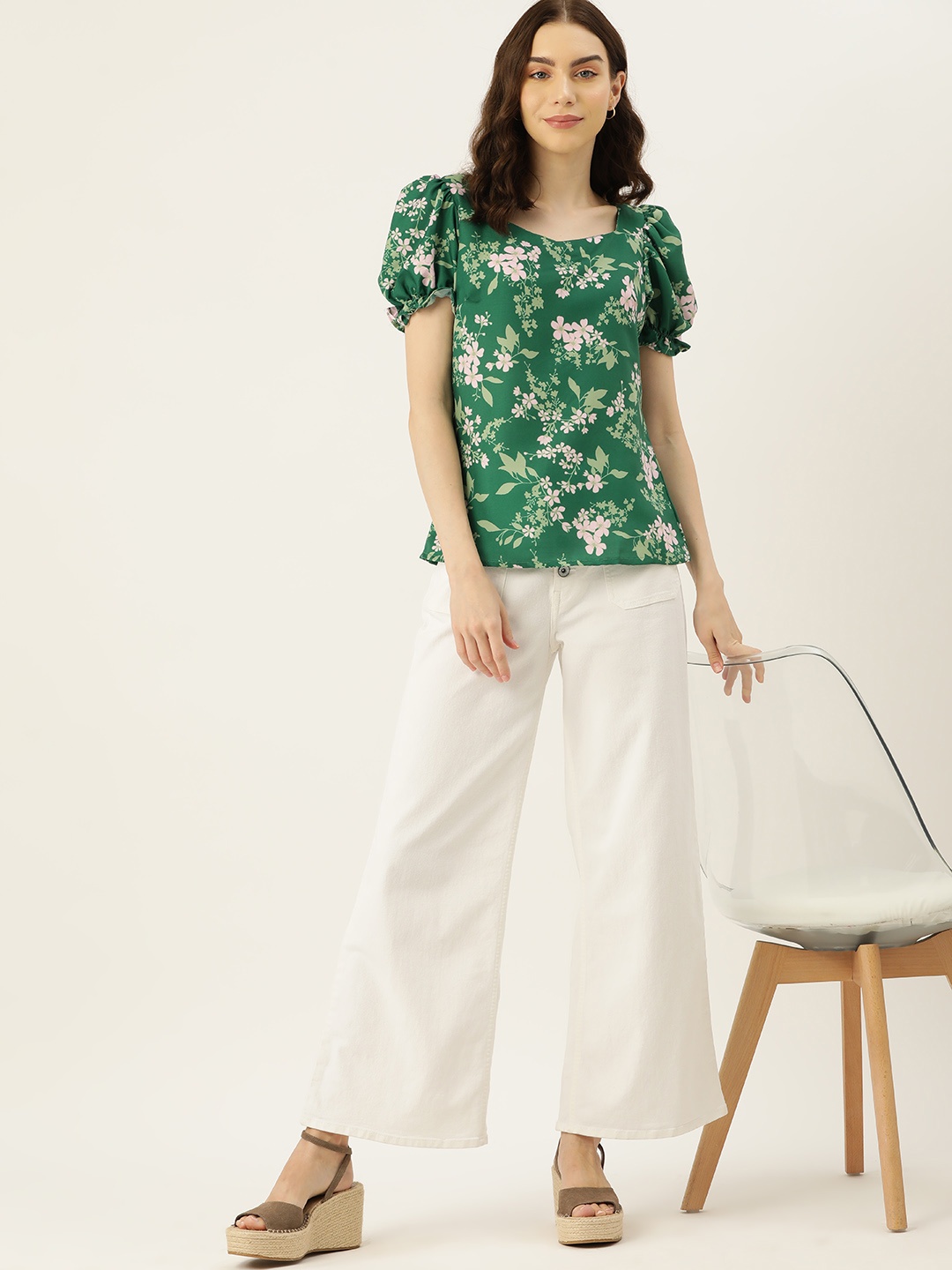 

DressBerry Floral Print Sweetheart Neck Puff Sleeve Top, Green