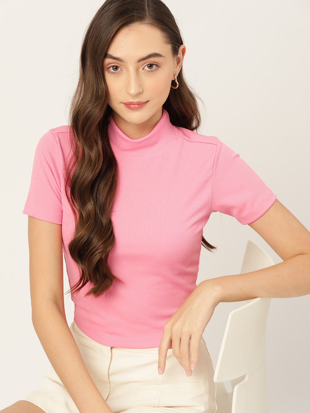 

DressBerry High Neck Ribbed Top, Pink