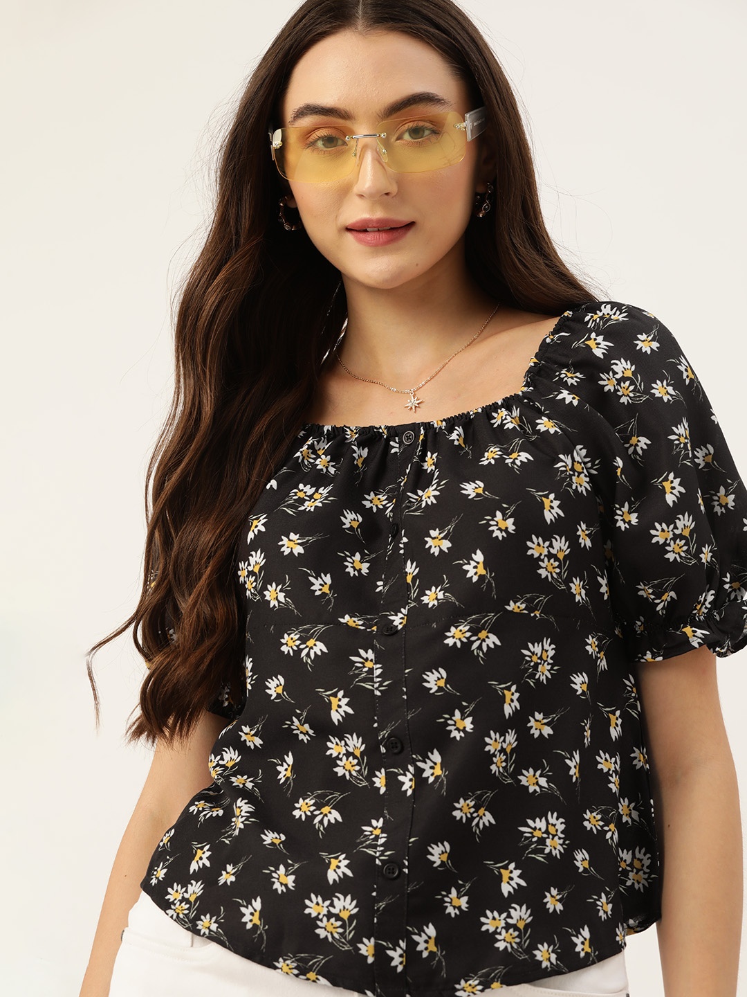 

DressBerry Floral Print Puff Sleeves Top, Black