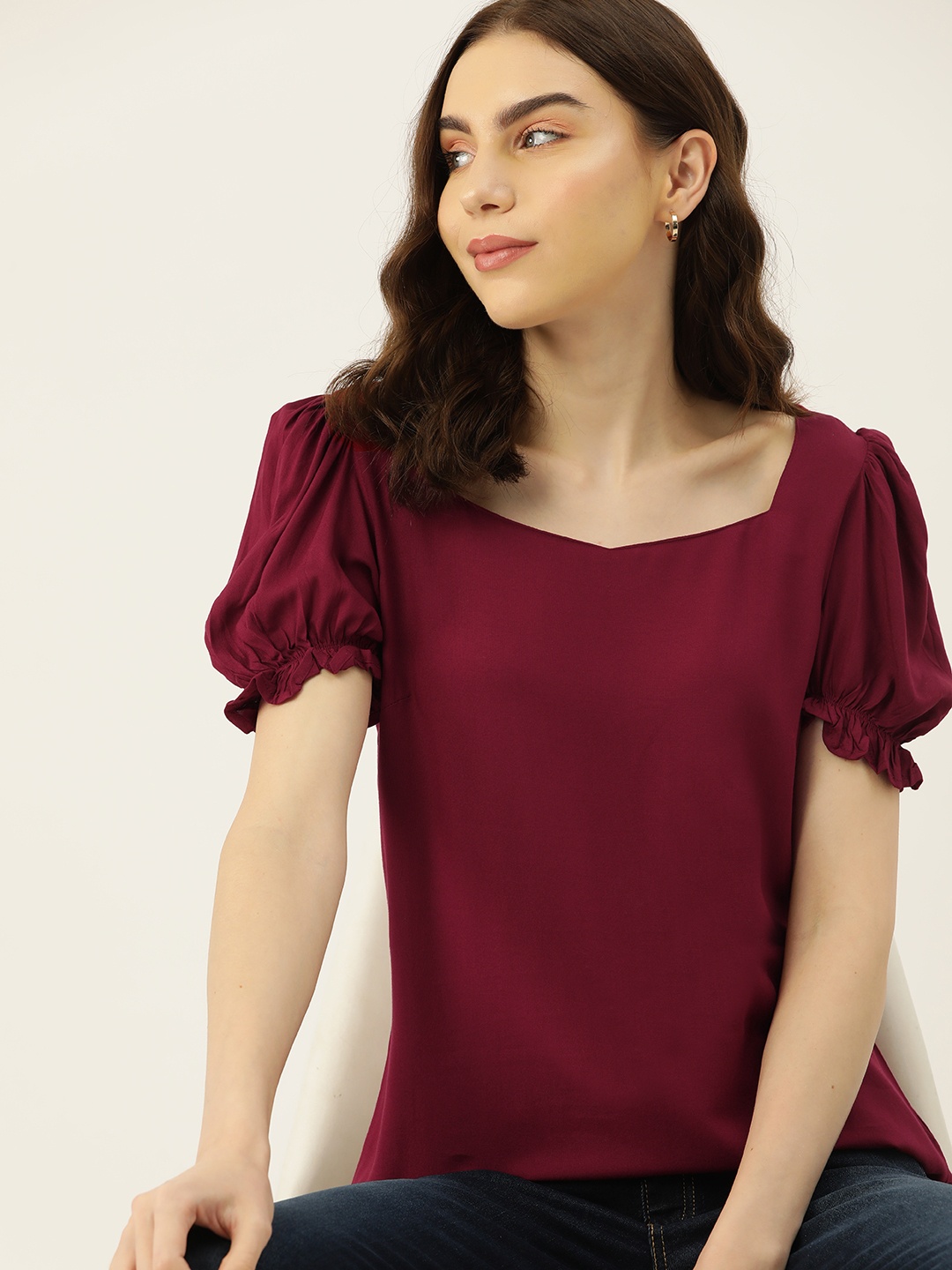 

DressBerry Sweetheart Neck Puff Sleeve Top, Maroon