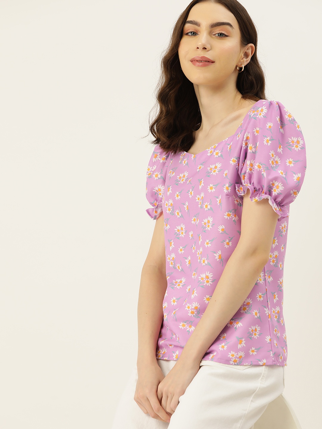 

DressBerry Daisy Print Sweetheart Neck Puff Sleeve Top, Purple