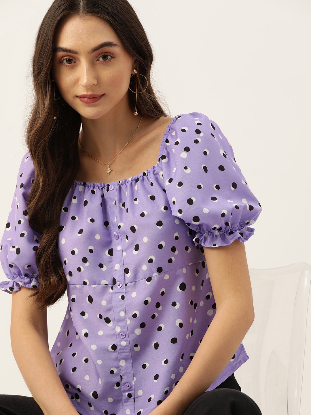 

DressBerry Geometric Print Puff Sleeves Square Neck Top, Purple