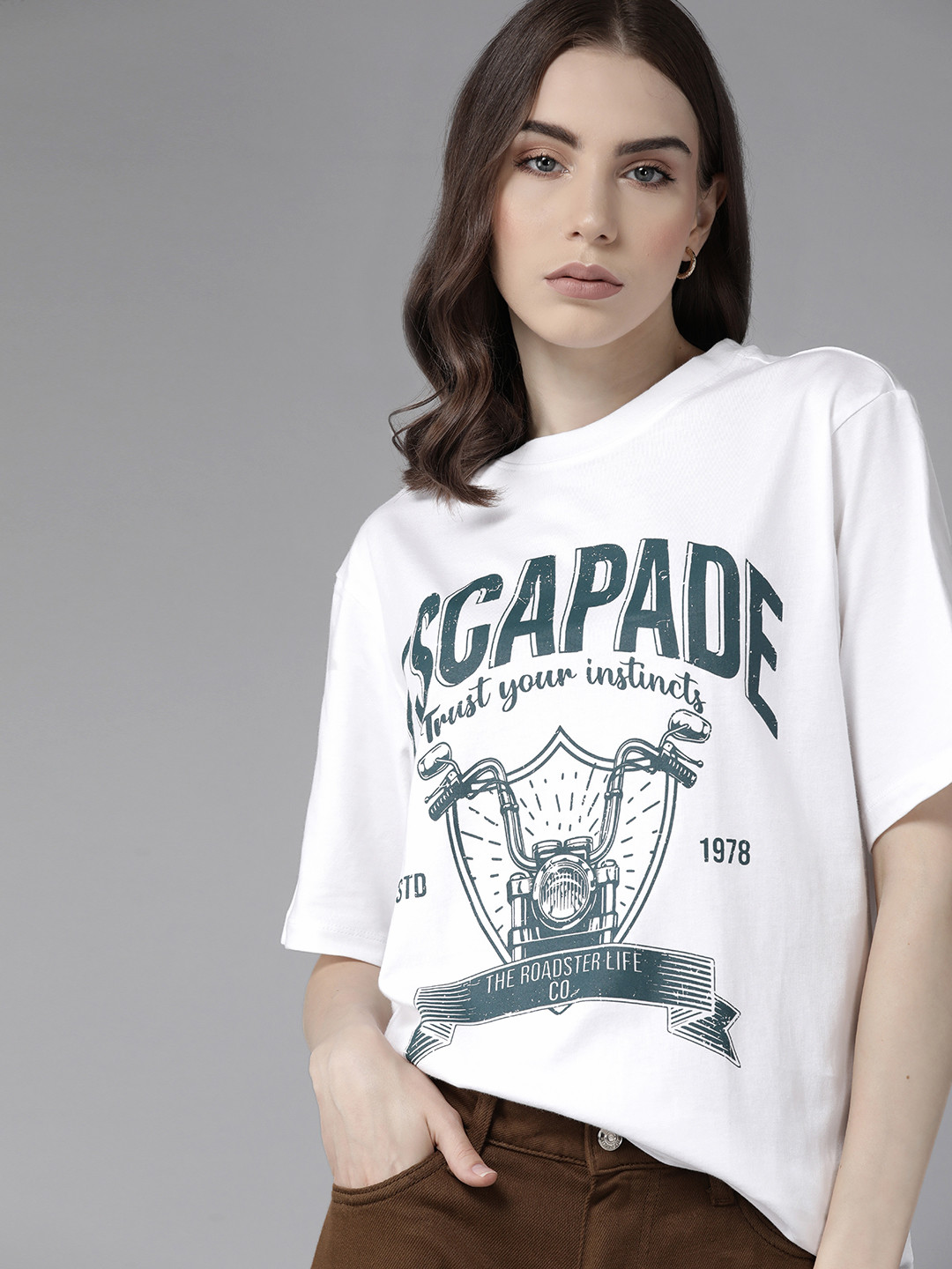 

The Roadster Lifestyle Co. Printed Drop-Shoulder Sleeves Pure Cotton Oversized T-shirt, White