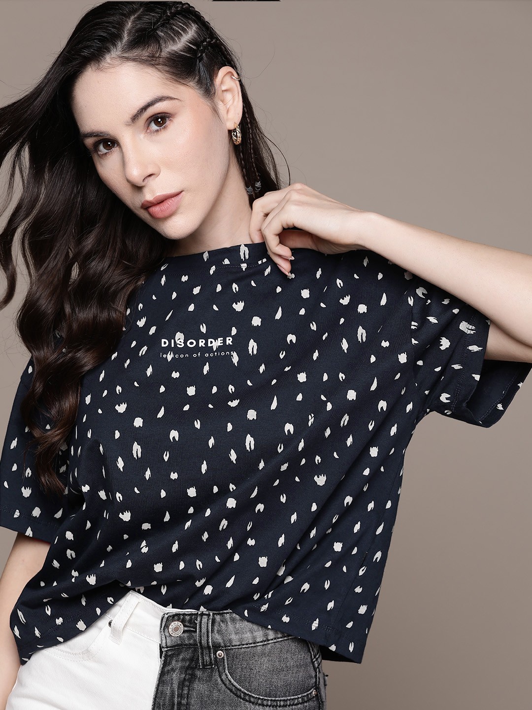 

The Roadster Lifestyle Co. Abstract Printed Drop-Shoulder Sleeves Pure Cotton Boxy T-shirt, Navy blue
