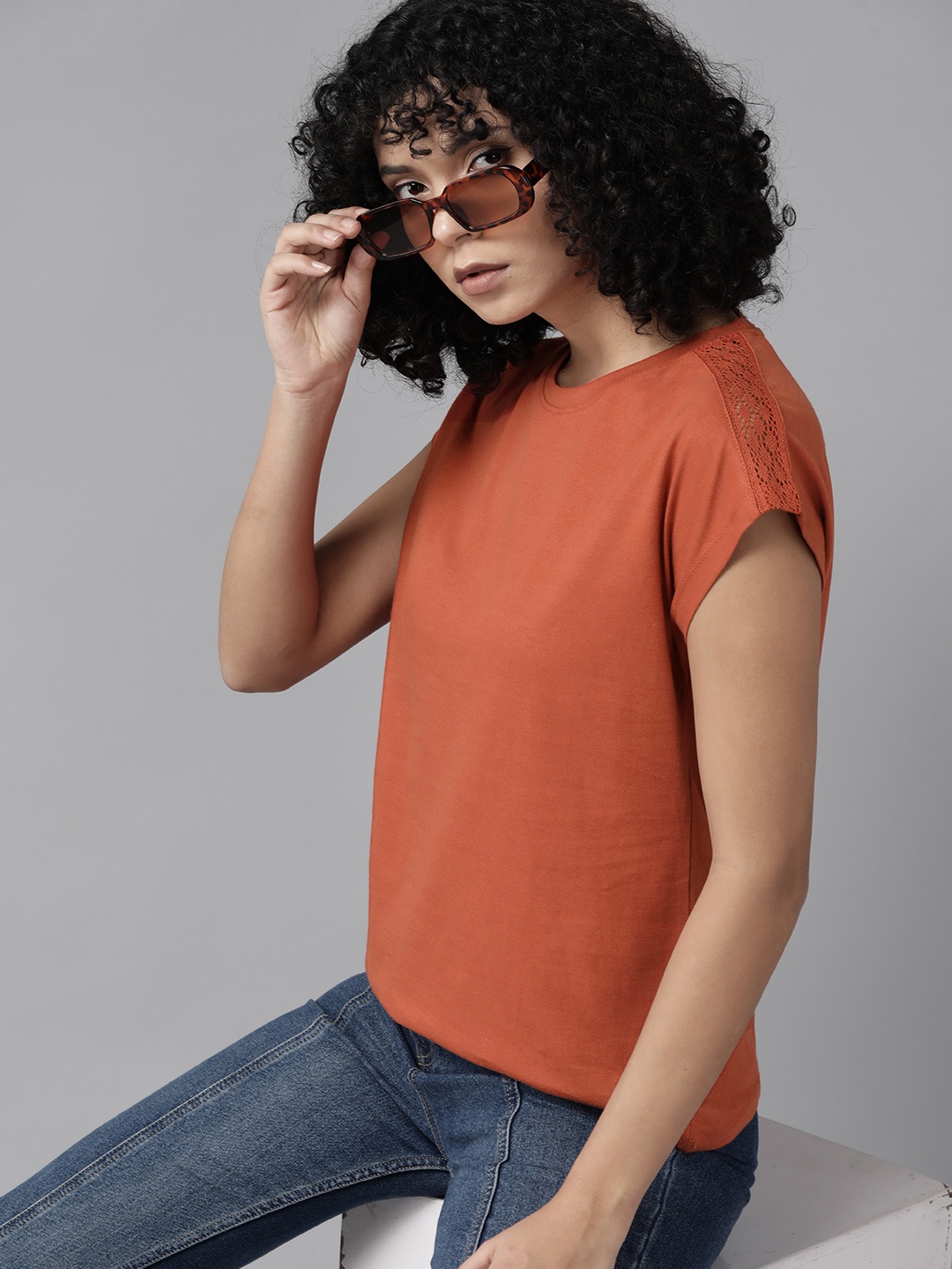 

The Roadster Lifestyle Co. Lace Insert Extended Sleeves Pure Cotton T-shirt, Rust