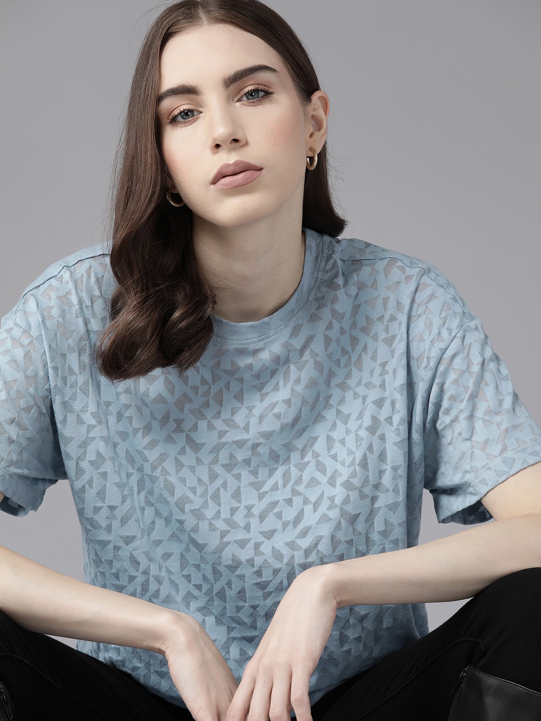 

The Roadster Lifestyle Co. Self-Design Drop-Shoulder Sleeves Boxy T-shirt, Blue