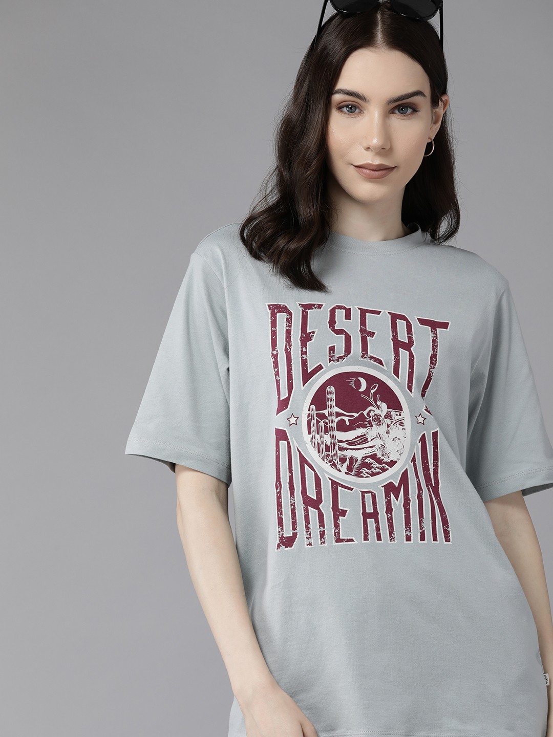 

The Roadster Lifestyle Co. Printed Drop-Shoulder Sleeves Pure Cotton Oversized T-shirt, Grey