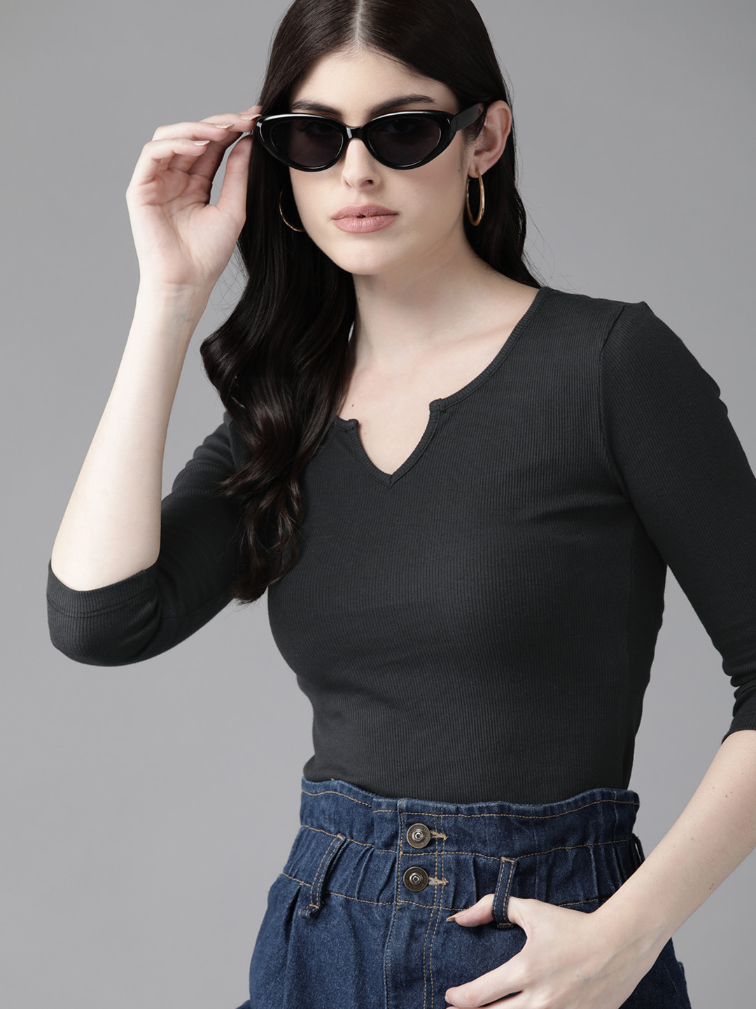 

The Roadster Lifestyle Co. Pure Cotton Ribbed T-shirt, Black