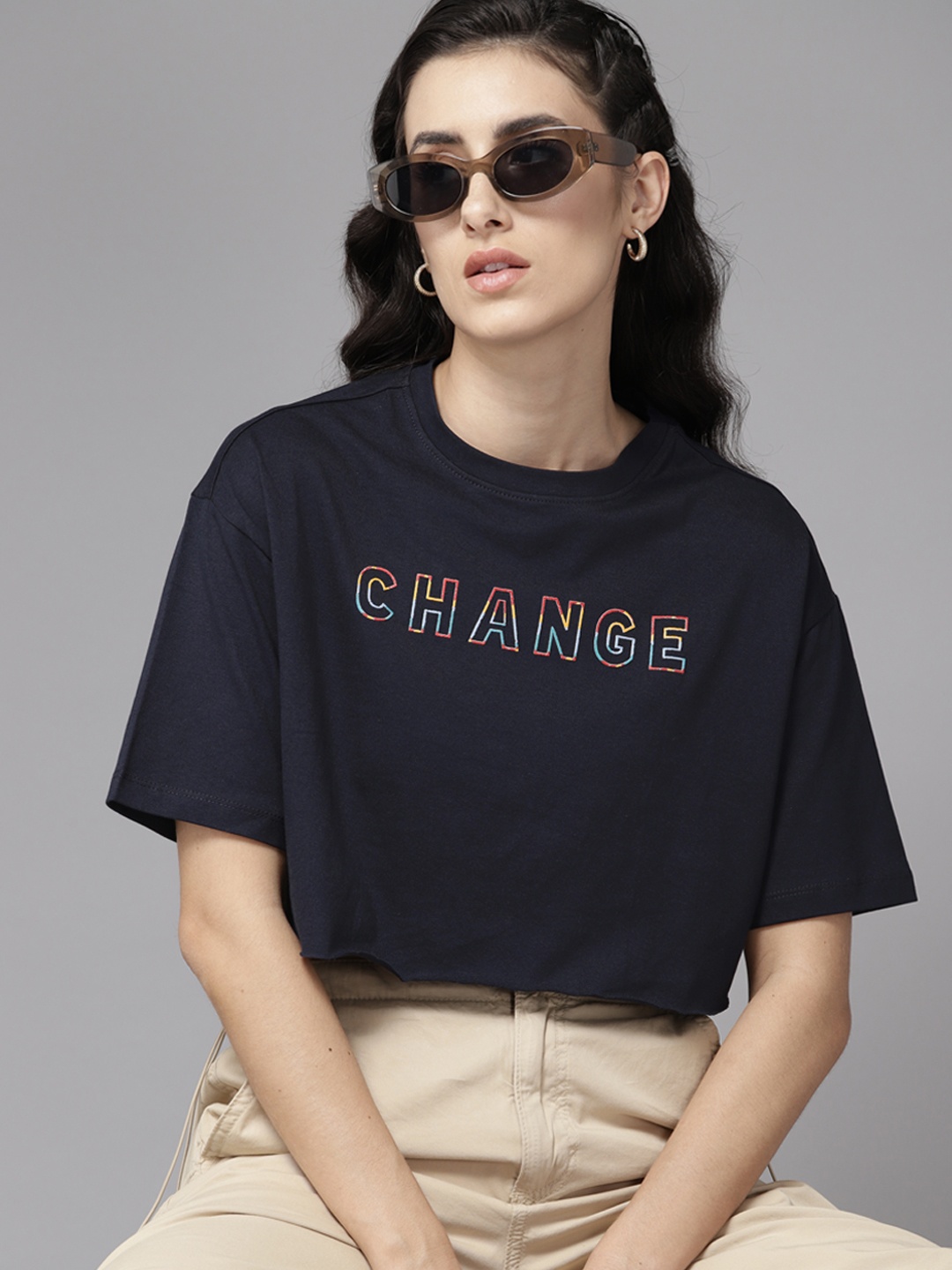 

The Roadster Lifestyle Co. Printed Drop-Shoulder Sleeves Pure Cotton Boxy T-shirt, Navy blue