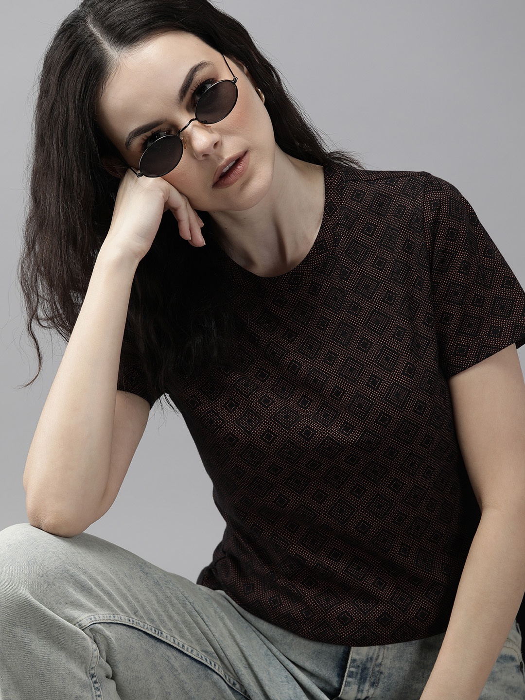 

The Roadster Lifestyle Co. Geometric Printed Pure Cotton T-shirt, Brown