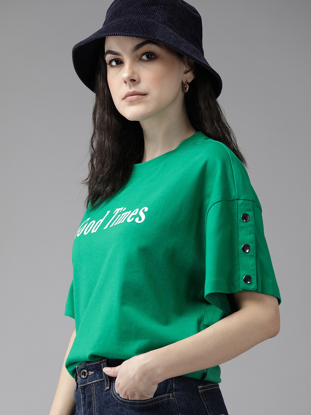 

The Roadster Lifestyle Co. Typography Printed Drop-Shoulder Sleeves Pure Cotton T-shirt, Green