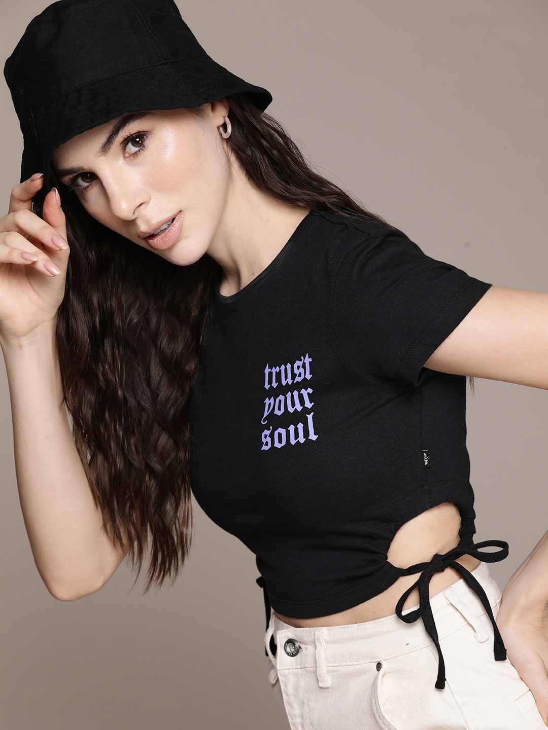

The Roadster Lifestyle Co. Typography Printed Tie-Ups Detailed Cut-Out Pure Cotton T-shirt, Black