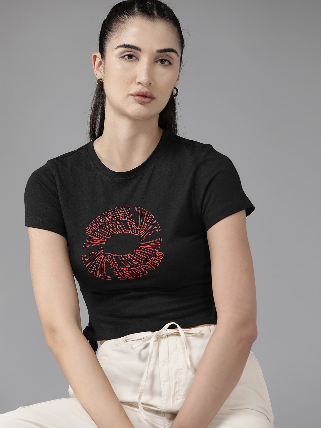 

The Roadster Lifestyle Co. Typography Printed Crop T-shirt, Black