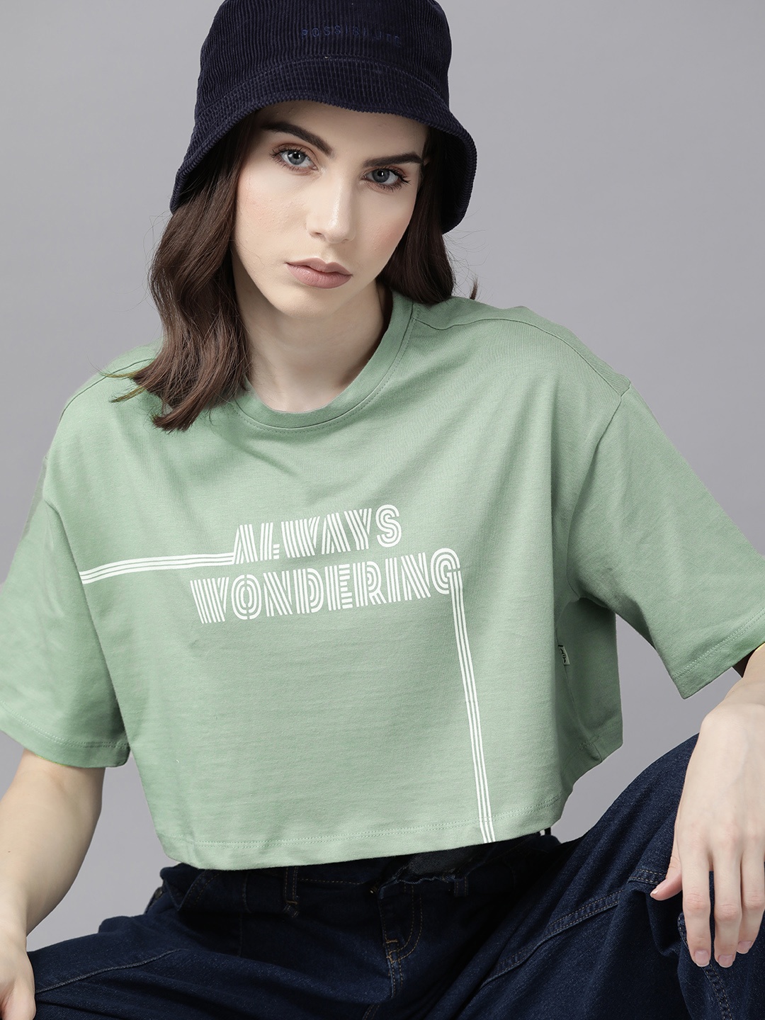 

The Roadster Lifestyle Co. Printed Drop-Shoulder Sleeves Pure Cotton Boxy T-shirt, Green