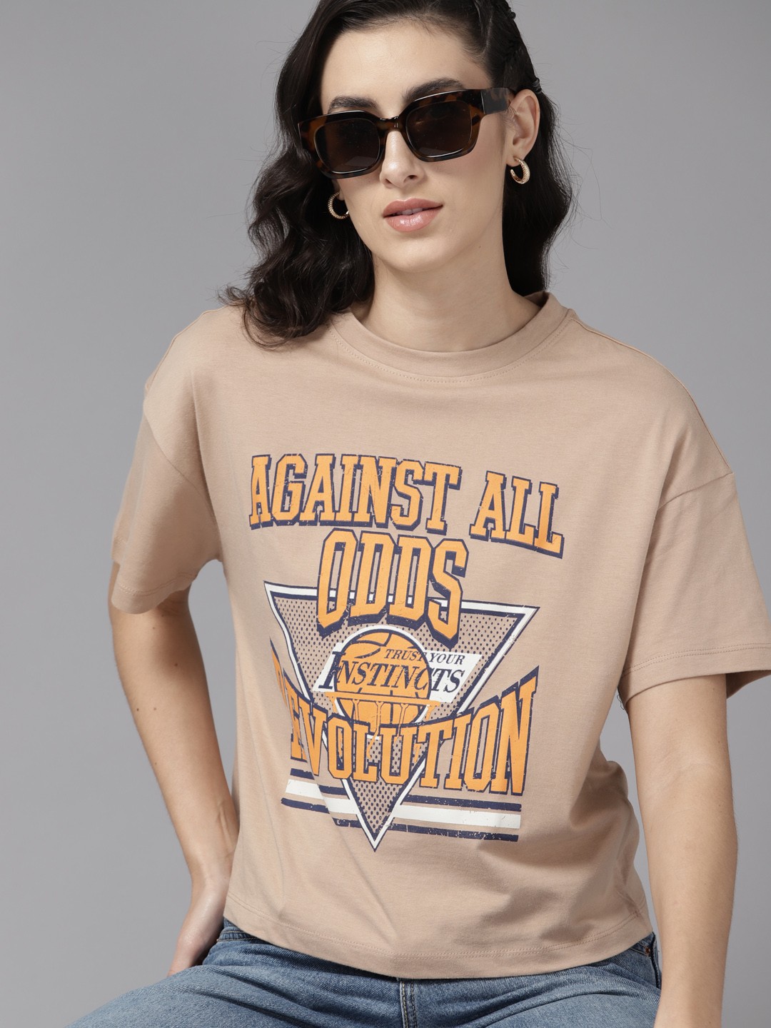 

The Roadster Lifestyle Co. Typography Printed Drop-Shoulder Sleeves Pure Cotton T-shirt, Beige