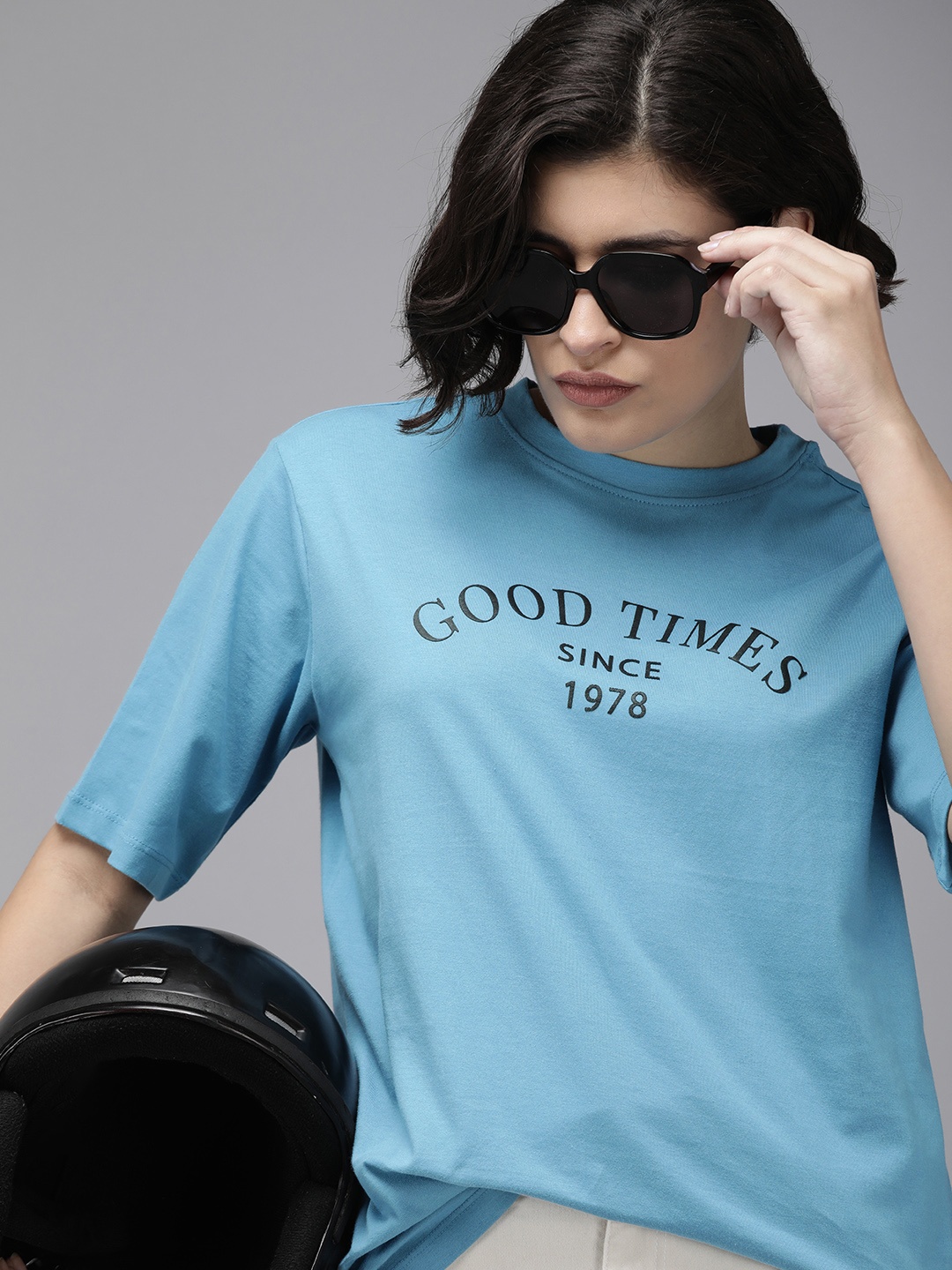 

The Roadster Lifestyle Co. Pure Cotton Typography Printed Relaxed Fit T-shirt, Blue
