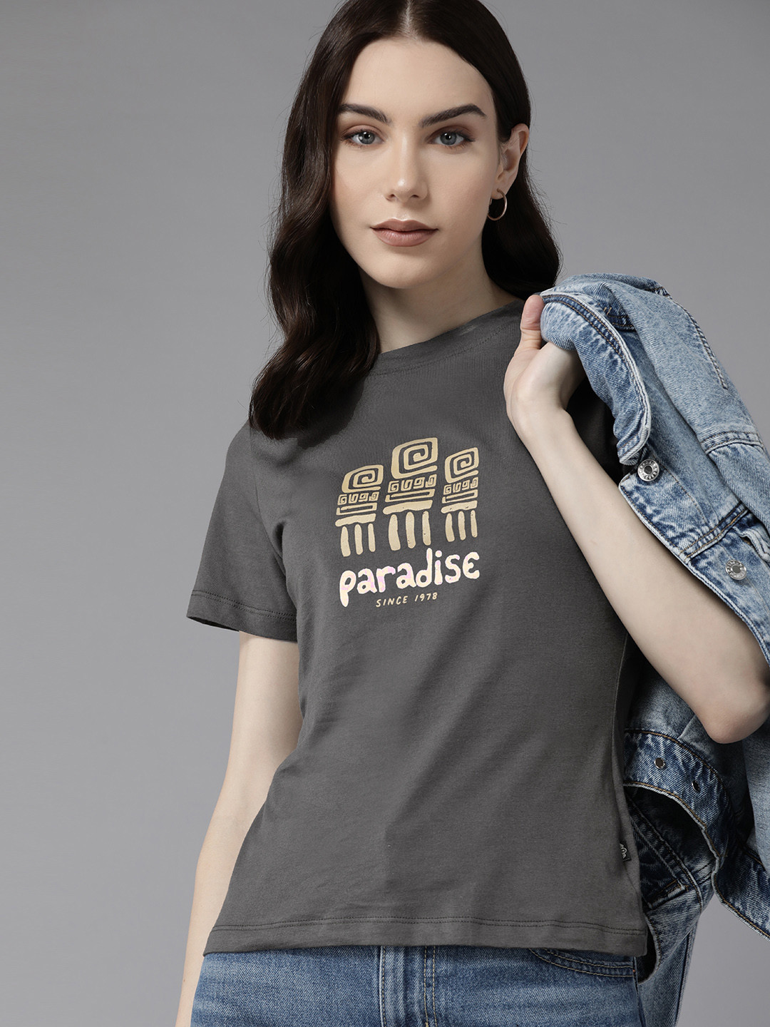 

The Roadster Lifestyle Co. Pure Cotton Typography Printed T-shirt, Grey