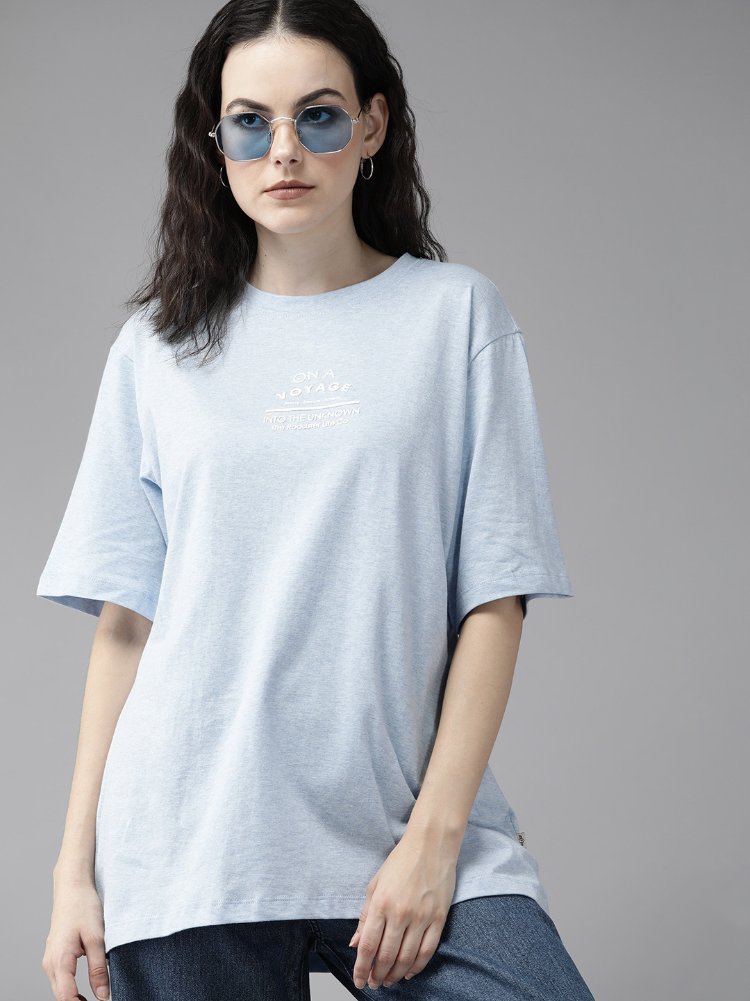 

The Roadster Lifestyle Co. Pure Cotton Oversized Drop-Shoulder Sleeves Longline T-shirt, Blue