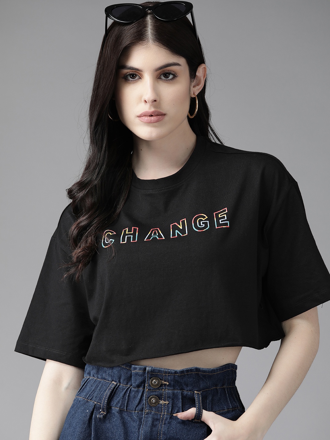 

The Roadster Lifestyle Co. Typography Print Drop-Shoulder Sleeves Cotton Boxy Crop T-shirt, Black