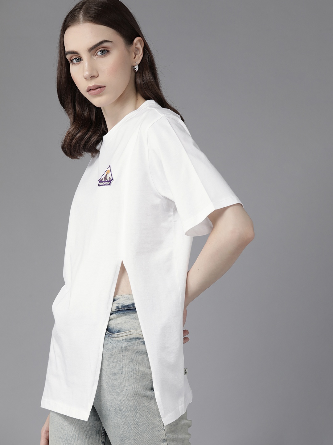 

The Roadster Lifestyle Co. Drop-Shoulder Sleeves Pure Cotton Oversized High-Slit T-shirt, White