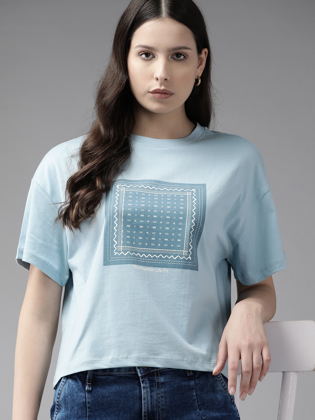 

The Roadster Lifestyle Co. Pure Cotton Printed Drop-Shoulder Sleeves T-shirt, Blue