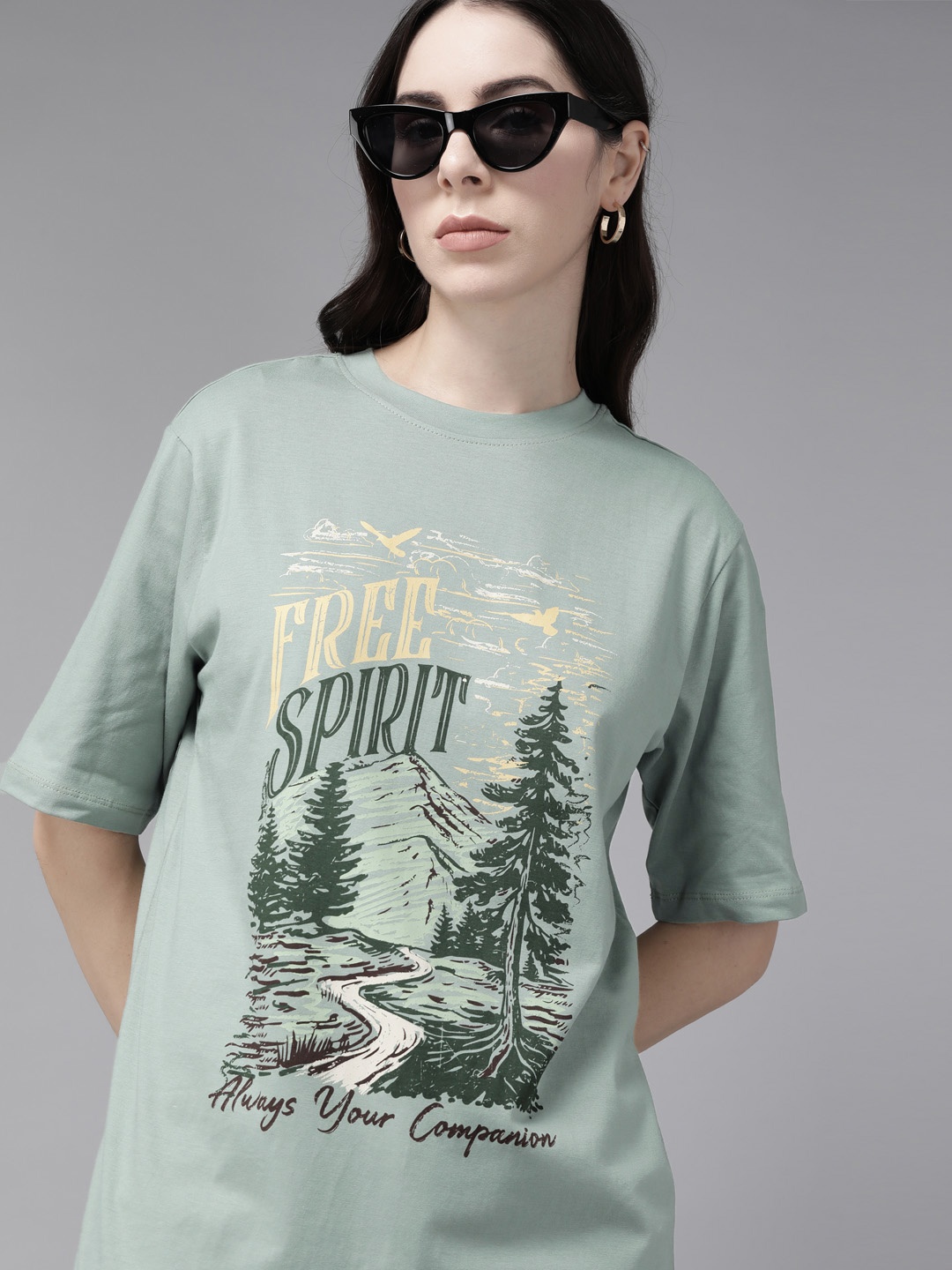 

The Roadster Lifestyle Co. Women Graphic Printed Pure Cotton Oversized T-shirt, Green