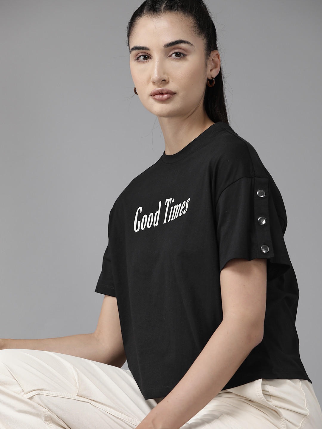 

The Roadster Lifestyle Co. Typography Printed Button Detail T-shirt, Black