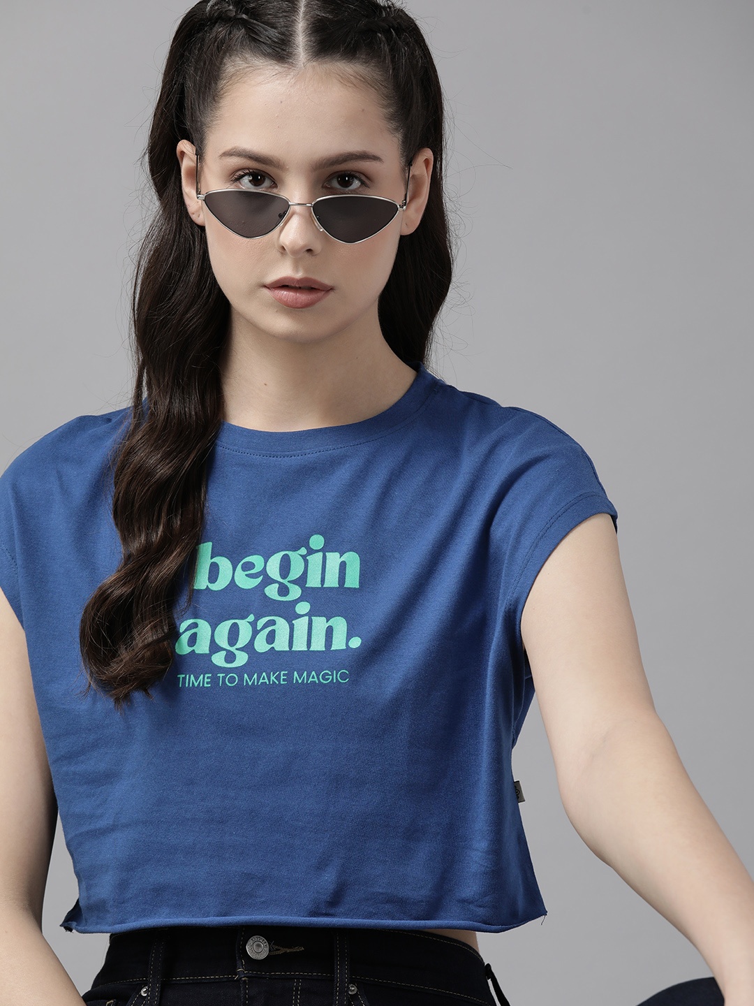 

The Roadster Lifestyle Co. Printed Extended Sleeves Pure Cotton Boxy T-shirt, Blue