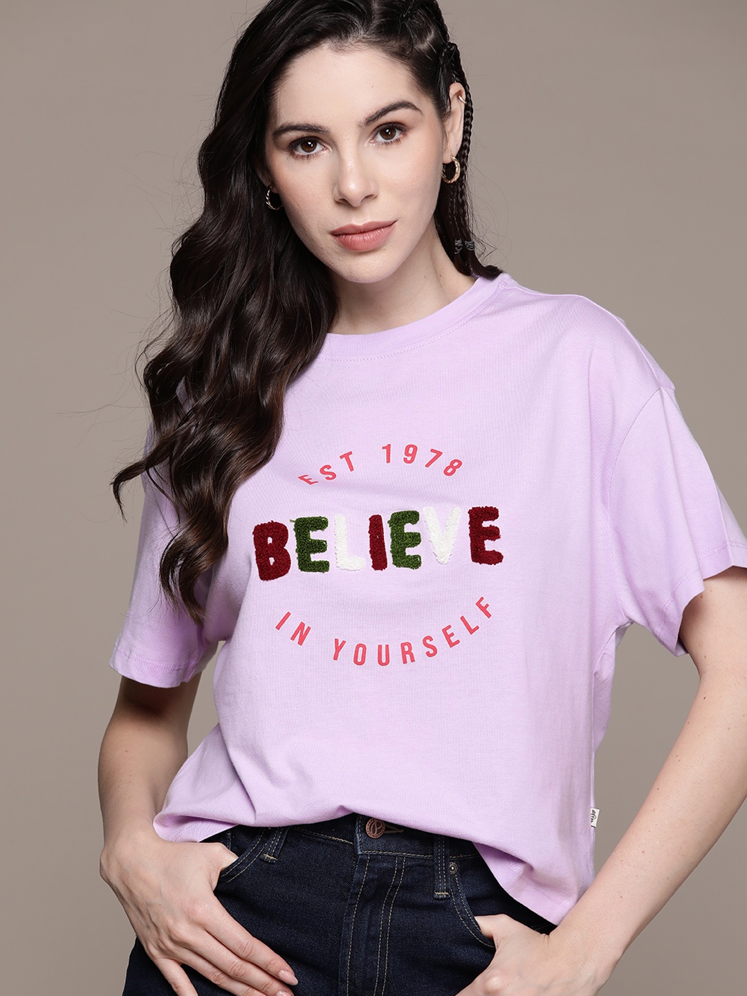 

The Roadster Lifestyle Co. Typography Printed Pure Cotton T-shirt, Lavender