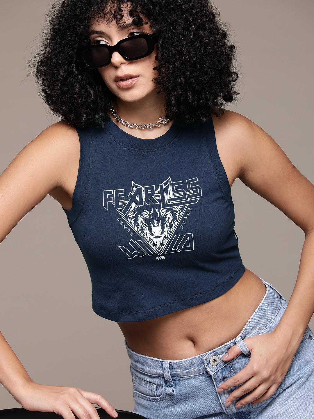 

The Roadster Lifestyle Co. Printed Pure Cotton Crop T-shirt, Navy blue