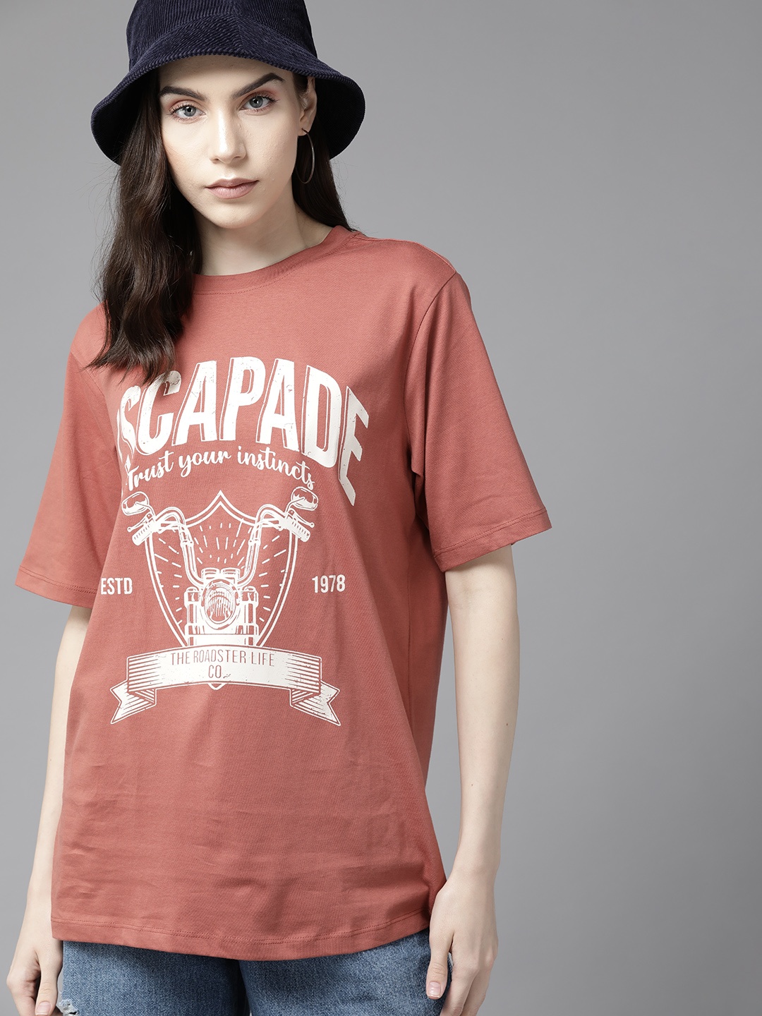 

The Roadster Lifestyle Co. Oversized Typography Printed Pure Cotton T-shirt, Rose