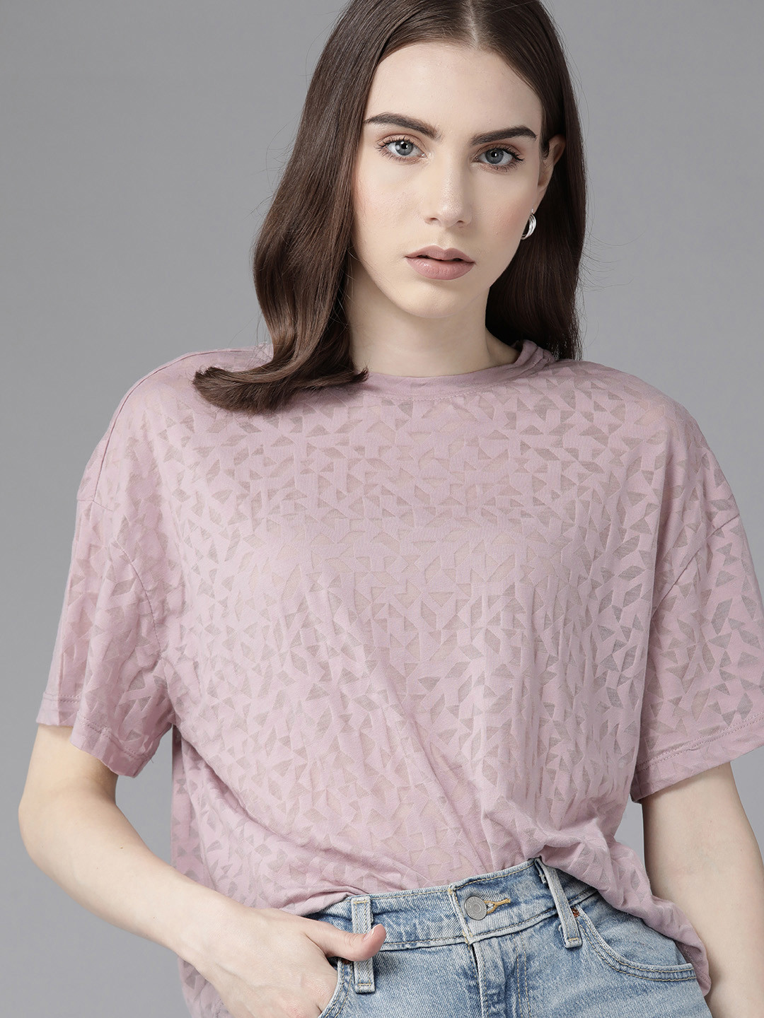 

The Roadster Lifestyle Co. Self Designed Drop-Shoulder Sleeves T-shirt, Mauve