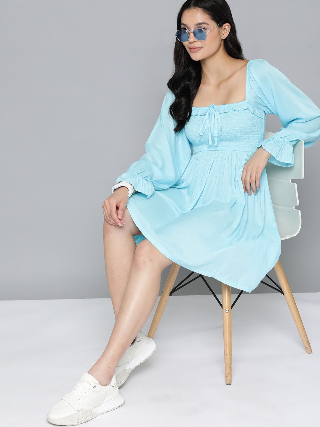 

Harvard Solid Smocked Puff Sleeve Fit & Flare Mini Dress, Blue