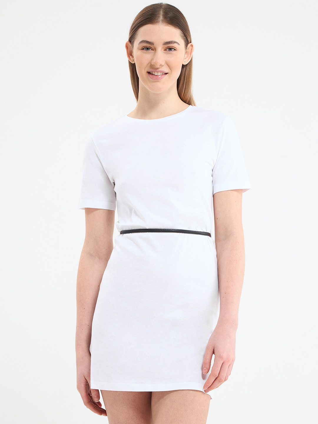 

TERRANOVA Solid T-shirt Mini Dress with Belt, White