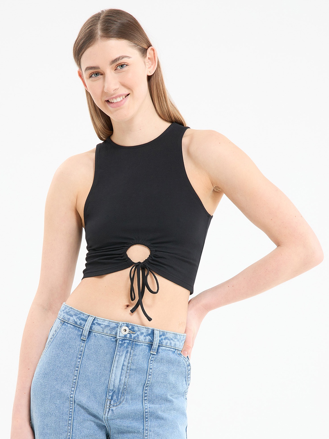 

TERRANOVA Cut-Out Ruched Crop Top, Black