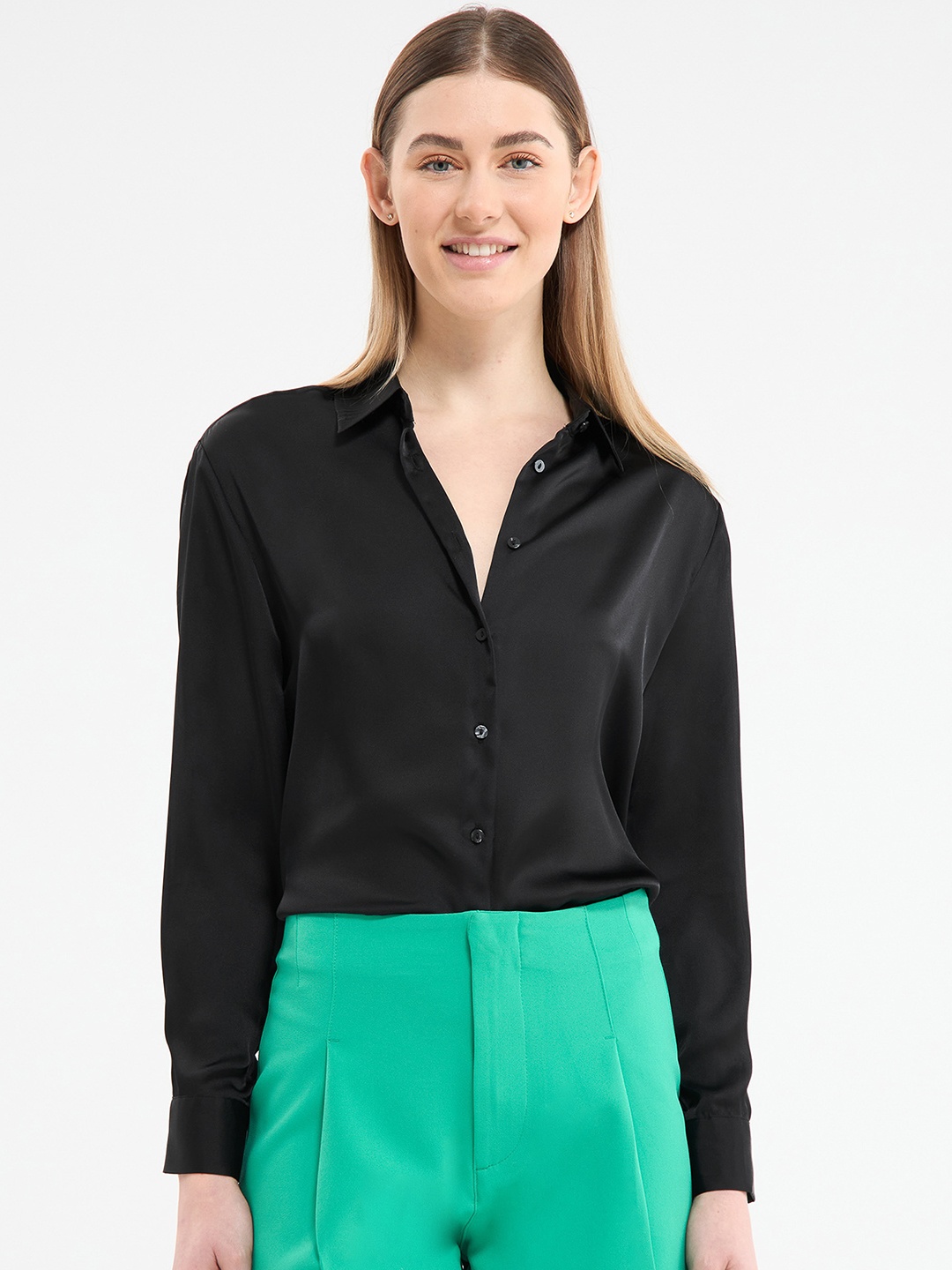 

TERRANOVA Satin Finish Opaque Casual Shirt, Black