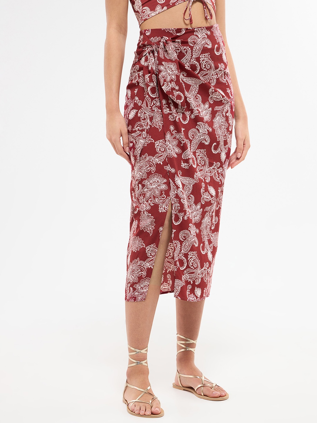 

TERRANOVA Printed Wrap Midi Skirt, Rust