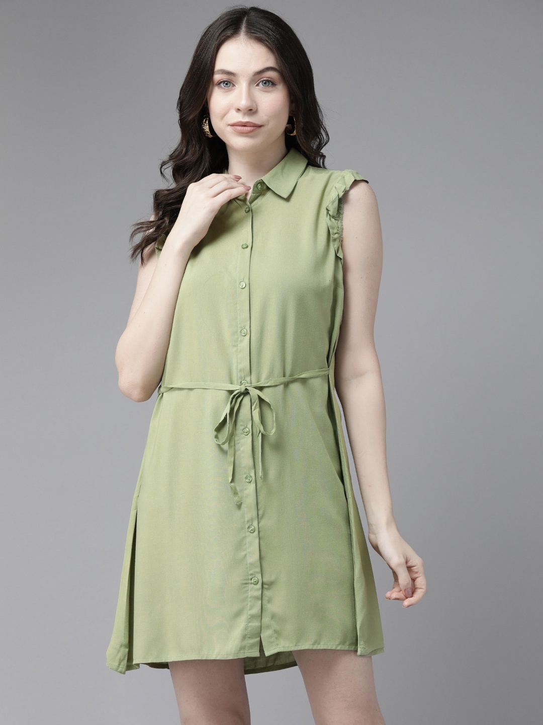 

TERRANOVA Flutter Sleeve Shirt Dress, Olive