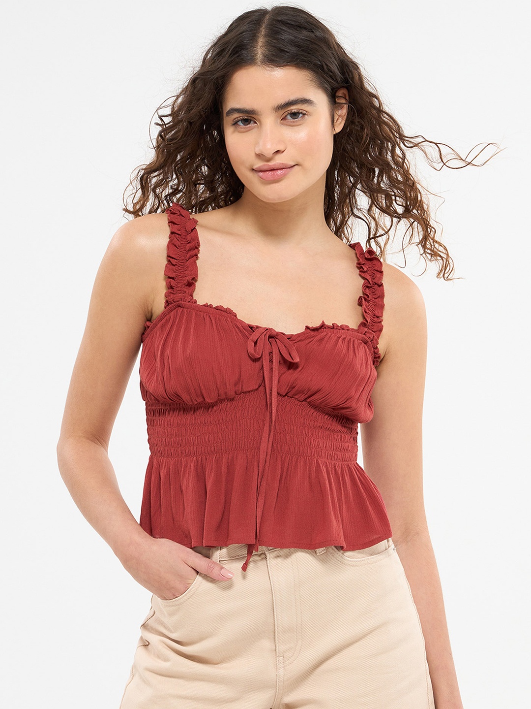 

TERRANOVA Shoulder Straps Smocked Empire Top, Rust