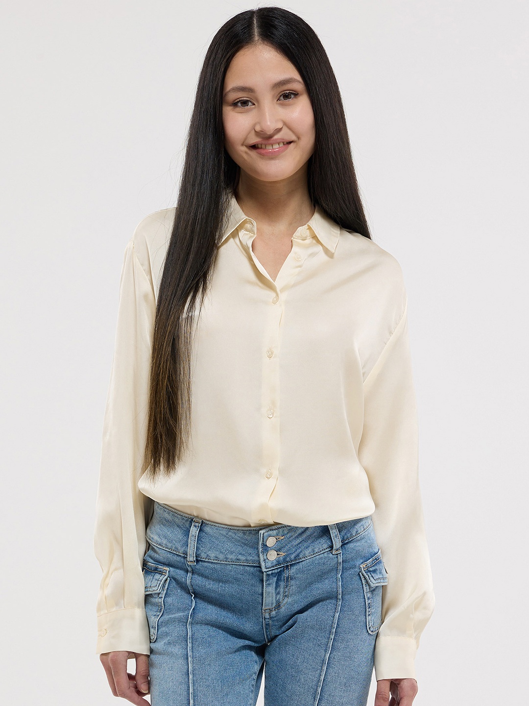 

TERRANOVA Satin Finish Opaque Casual Shirt, Beige