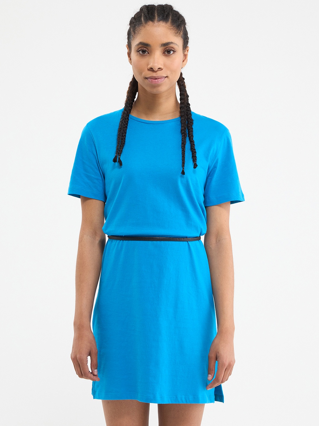 

TERRANOVA Solid Shirt Mini Dress with Belt, Blue