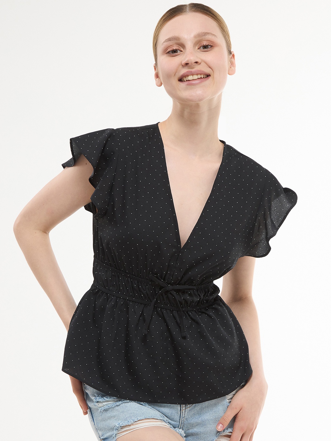 

TERRANOVA Printed Cinched Waist Top, Black