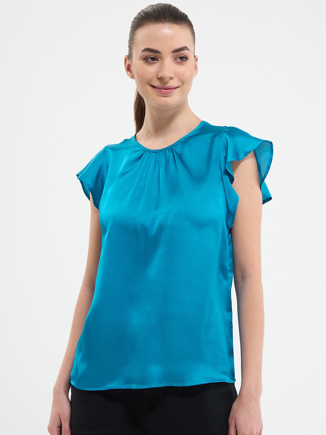 

TERRANOVA Flutter Sleeves Satin Top, Blue