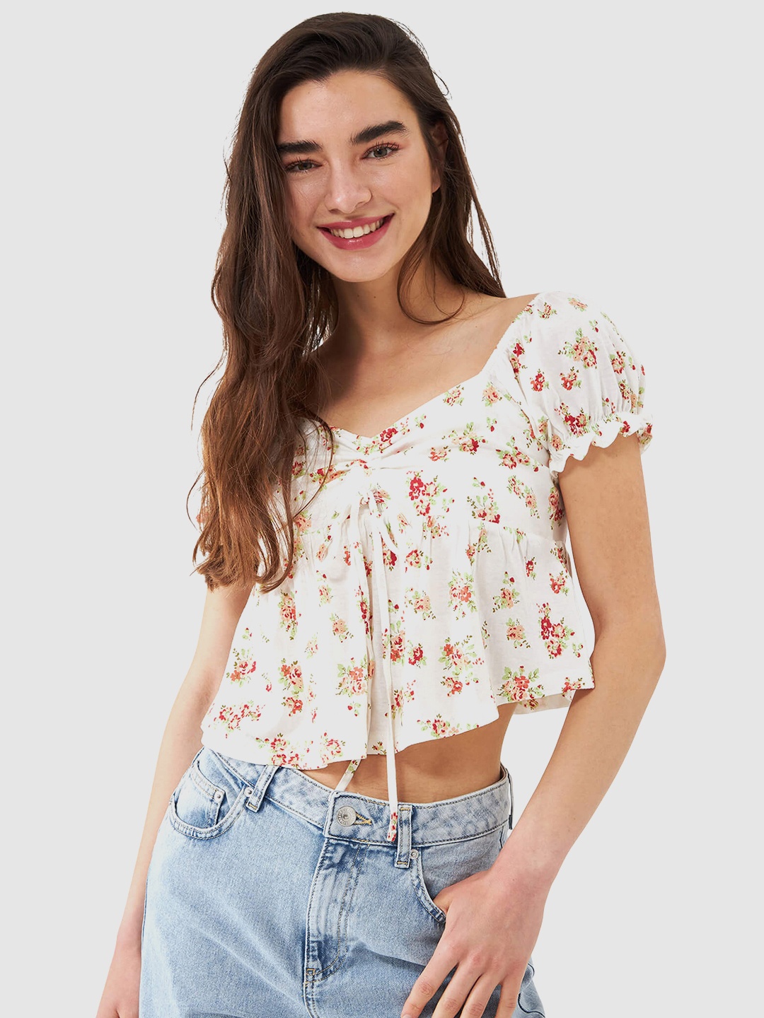 

TERRANOVA Pure Cotton Floral Print Sweetheart Neck Puff Sleeve Top, White