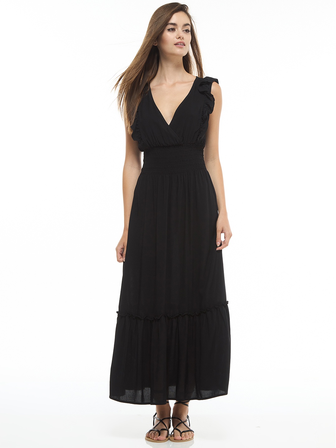 

TERRANOVA Smocked Ruffles Maxi Dress, Black